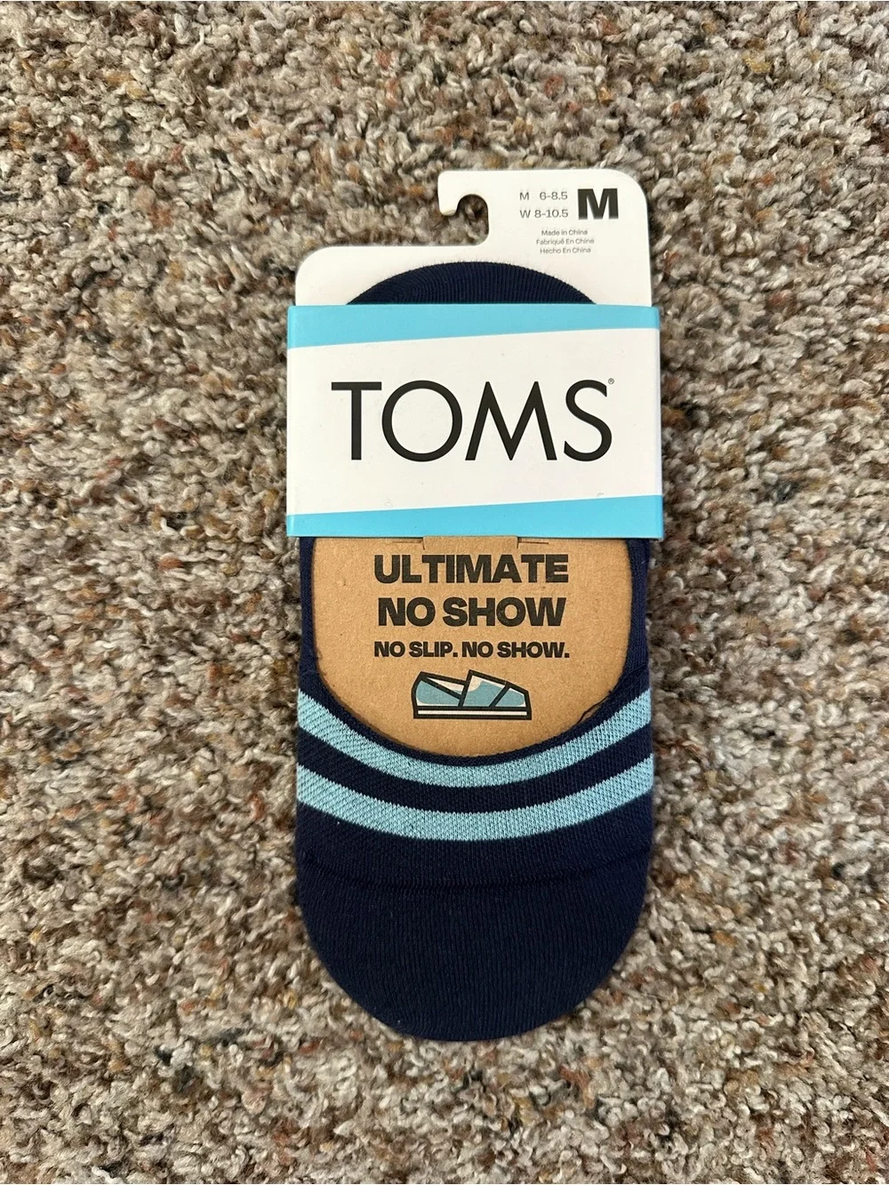 TOMS No-Show Athletic Socks - Navy with Light Blue Stripes NWT